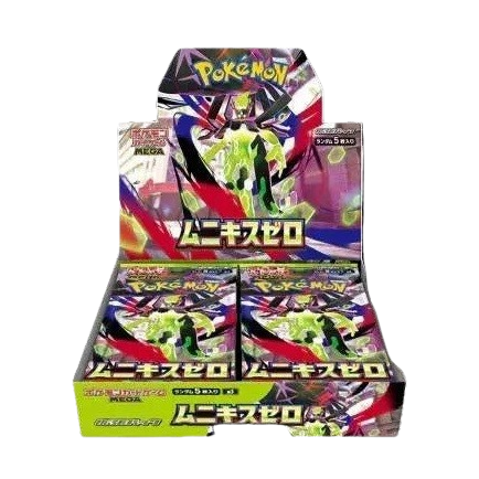 A Pokémon trading card booster box display with four sealed Pokémon booster packs inside, featuring colorful anime artwork and Japanese text on a plain white background.
