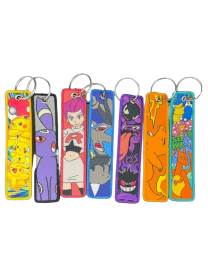 Pokémon-Themed Fabric Keychain | Set of colorful keychains with cartoon character designs on a white background