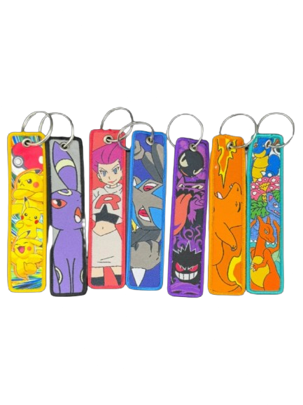 Pokémon-Themed Fabric Keychain | Set of colorful keychains with cartoon character designs on a white background